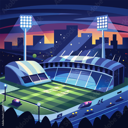 Soccer Stadium at Night with Floodlights and Glowing Atmosphere