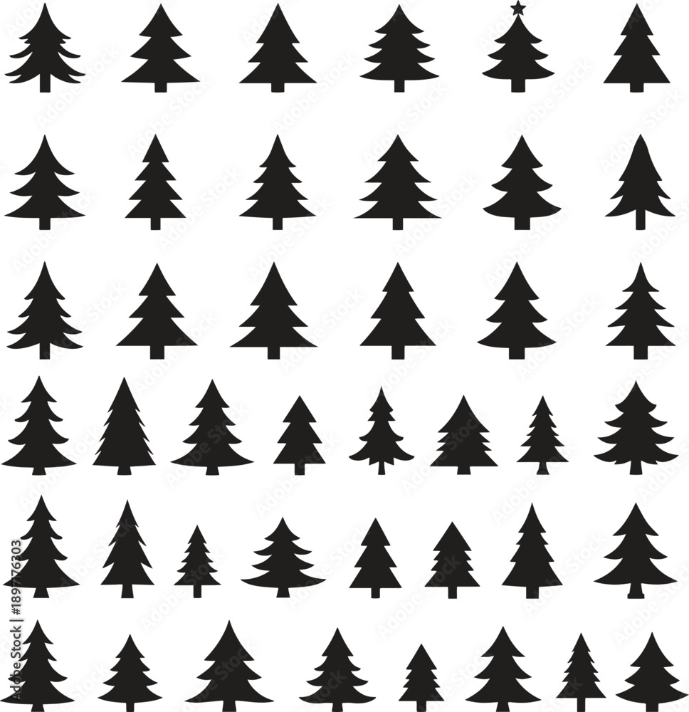 Obraz premium Christmas Tree Silhouettes in Black on White Background