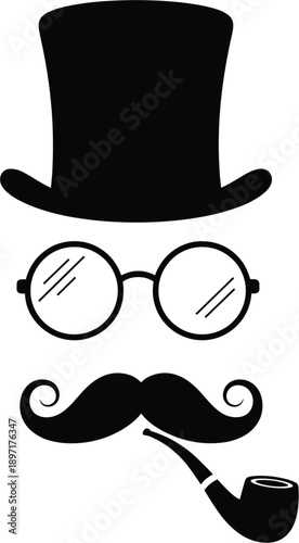 Vintage gentleman silhouette set featuring a classic top hat round spectacles curled mustache and smoking pipe for retro barbershop branding and father's day design.