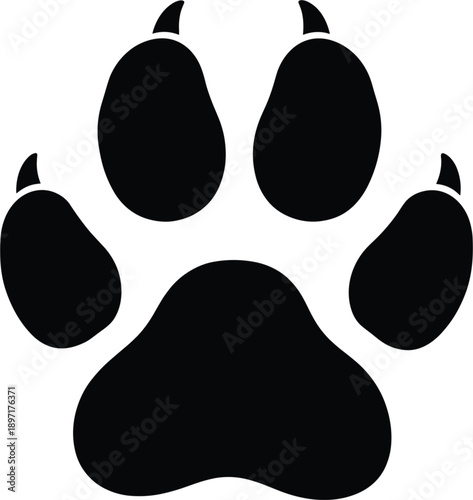Black wild animal paw print silhouette with sharp claws representing predator tracks wildlife conservation wilderness adventure and veterinary pet care branding services.