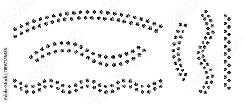 Set of paths of wet or muddy pawprints of dog or cat. Pet paw steps on floor or snow. Footprints of running or walking wild animals isolated on white background. Vector graphic illustration.