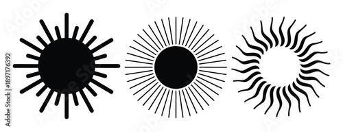 Three Stylized Sun Icons: Solid, Lined, and Wavy Rays