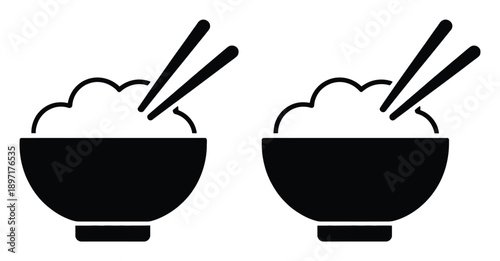 Two Black and White Icons of Rice Bowls with Chopsticks