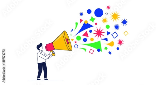 Man holding a megaphone announcing colorful shapes and stars.