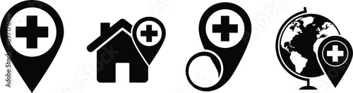Medical location pin icons set with cross symbol house and globe for healthcare facility mapping hospital wayfinding and global medical services.