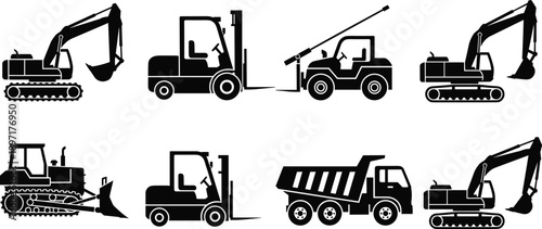 Heavy Construction Machinery Vector Icon Set with Excavator Bulldozer Forklift and Dump Truck Black Silhouette Illustrations for Industrial Building Engineering and Site Development ProjectsHeavy 