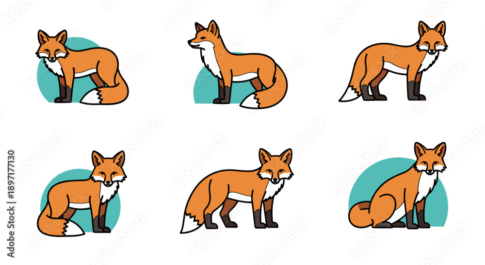 Obraz premium A charming collection of stylized red fox illustrations, showcasing various poses and perspectives against a simple background, perfect for diverse design projects.