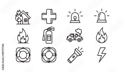 Emergency Icons Vector Set: Fire, Medical, Safety, and Alert Symbols