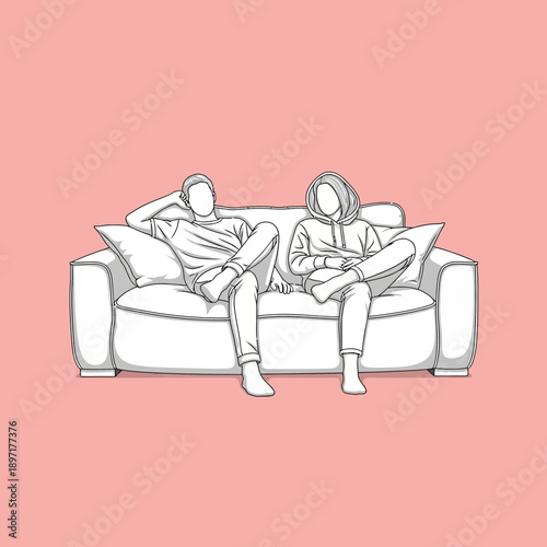 Minimalist line art illustration of two people relaxing on a sofa.