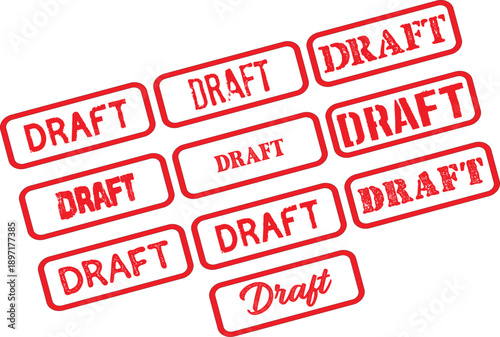 Multiple red draft stamps on transparent background for marking documents as preliminary