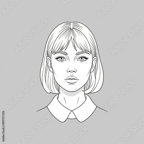 Minimalist Line Art Portrait of a Young Woman with Bob Haircut.