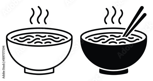 Two steaming bowls of noodles, one outlined and one solid black, with chopsticks