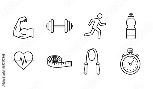 Fitness Icons Set: Dumbbell, Runner, Heartbeat, Jump Rope, Muscle, Water Bottle, Stopwatch, Tape Measure