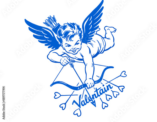 Vintage Cupid illustration, Cherub flying, "Valentin" text, heart arrows, retro design, Valentine's Day, love mascot, blue line art, 50s aesthetic, tattoo style, romance graphic, wedding