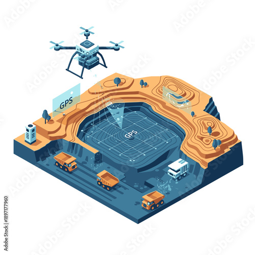 Isometric illustration of a drone surveying a construction site with GPS technology.
