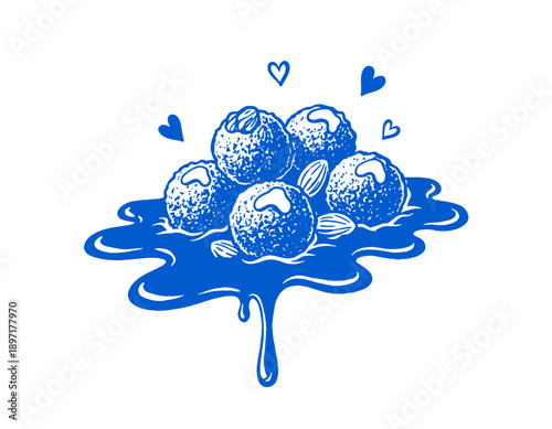 Truffles, bonbon, dessert balls, almond, sweet food illustration, chocolate treat, melting icing, dripping sauce, vintage, retro, love heart, confectionery, bakery design, vector graphic, snack