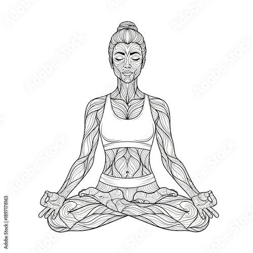Woman Meditating in Lotus Pose with Visible Muscles.
