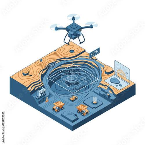 Isometric illustration of drone technology and industrial site monitoring.