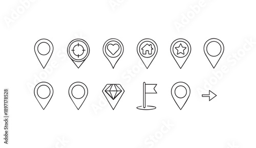 Location Pin Icons with Diverse Symbols Vector, Map Markers, Navigation and Travel Icons