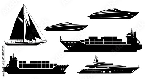 Various vessels including cargo ships, yachts, and sailboats depicted in detailed silhouettes against a simple backdrop