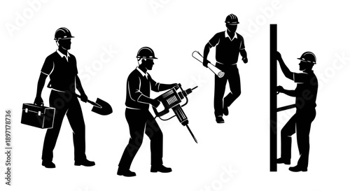 Construction workers in various poses and actions on a white background, showcasing different tasks and tools