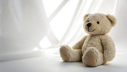 A single teddy bear sitting on a white background