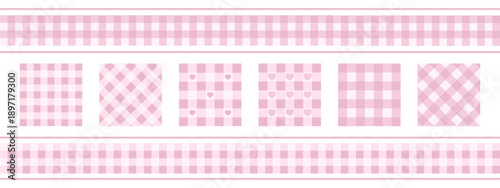 Set of pink gingham or vichy patterns and borders. Checkered picnic plaid textures. Tablecloth, blanket, napkin or handkerchief prints. Baby girl fabric coquette designs. Vector flat illustration.