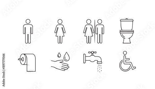 Public Restroom Icons: Male, Female, Toilet, Hand Washing, Faucet, Wheelchair