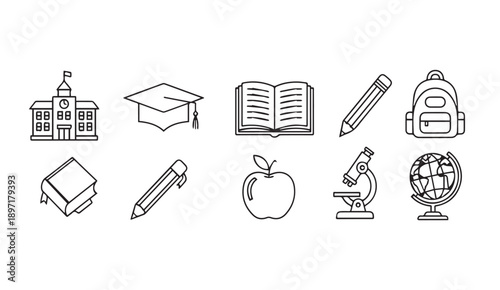 School Education Icon Set: Building, Cap, Book, Pencil, Backpack, Microscope, Globe