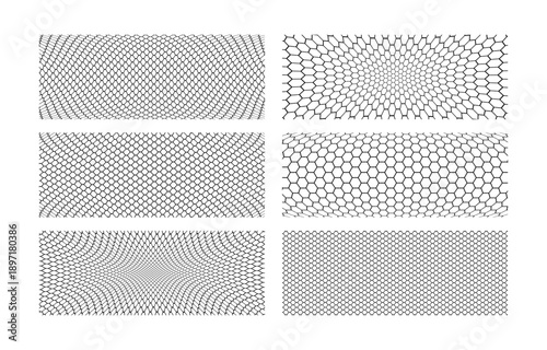 Set of warped soccer or fishing net textures. Distorted wire or lace patterns. Black mesh, metallic or fabric fence, cage or lattice structures on white background. Vector graphic Illustration.