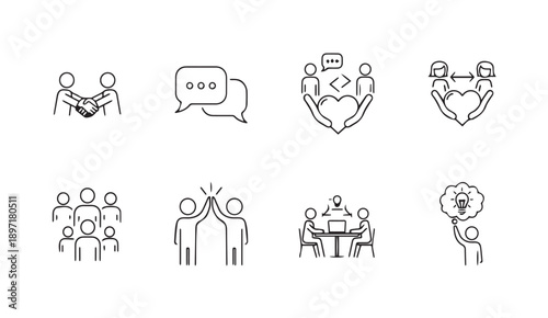 Teamwork Collaboration Icons: Handshake, Chat, Hearts, Meeting, Idea Generation