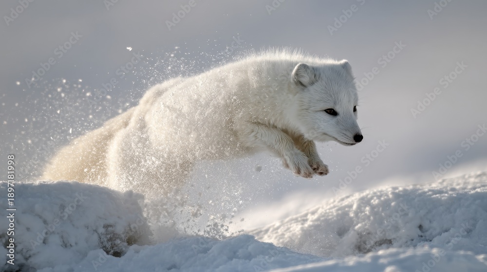 Obraz premium Arctic fox leaping through snow in winter landscape.