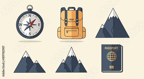 Travel icons including compass backpack mountains and passport.