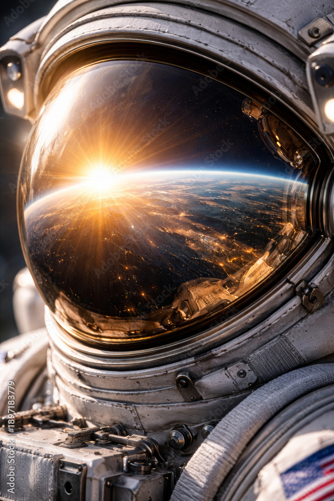 Fototapeta premium Astronaut helmet reflecting sunrise over earth from space