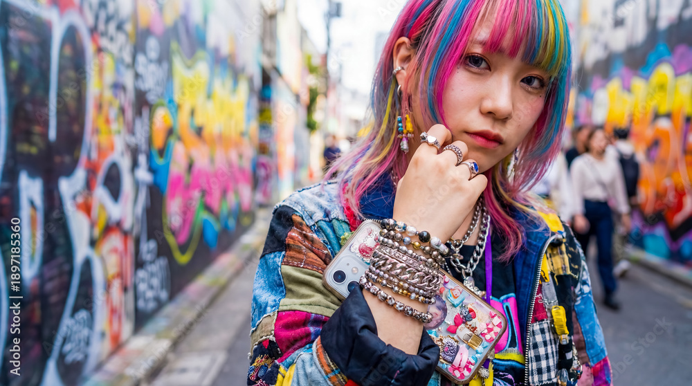 Fototapeta premium Young japanese girl in harajuku street fashion colorful clothing tokyo youth culture background copy space creative style trendy lifestyle