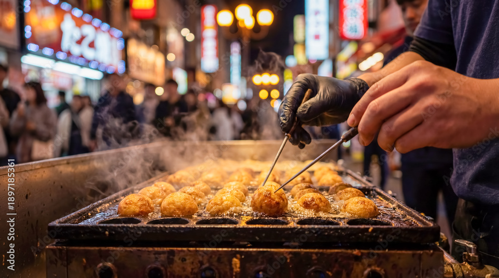 Fototapeta premium Takoyaki cooking process on street market action shot japanese street food background copy space osaka snack culinary delicious nutrition