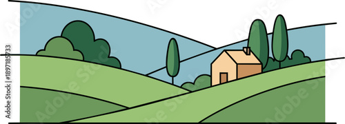 Idyllic landscape with a cozy house nestled amongst rolling green hills and mature trees under a clear blue sky, representing peaceful rural living and nature's beauty