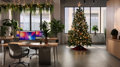 Festive decorated christmas tree in a modern office space celebration holiday season decorated workplace office environment with indoor plants and contemporary design