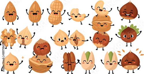 Cute Kawaii Nuts Vector Set with Almond, Peanut, Walnut, Pistachio, Chestnut and Smiling Cartoon Healthy Snack Characters