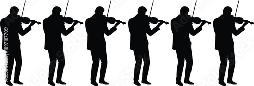Violinist Silhouette Set Illustration Showing Classical Music Performance, Standing Male Musicians Playing Violin, Orchestra and Concert Concept, Artistic Sound, Black and White Isolated Design
