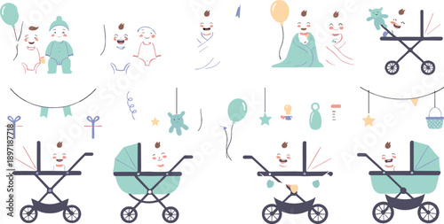 Cute Baby Stroller Vector Set with Newborn Infants, Prams, Balloons, Toys, Gifts and Sweet Minimal Cartoon Nursery Elements
