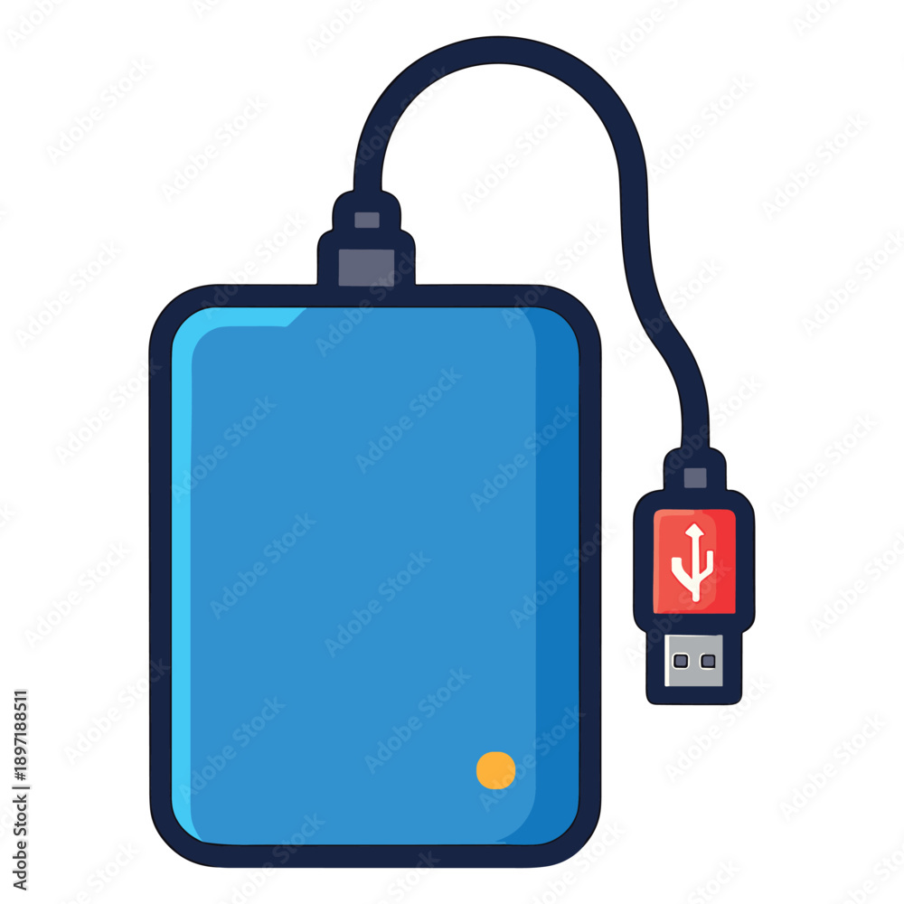 Obraz premium External Hard Drive with USB Cable Flat Vector Illustration