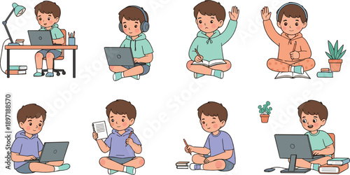 Kids Studying at Home Vector Set with Online Learning, Laptop, Tablet, Headphones, Homework and Cute Cartoon Child Characters