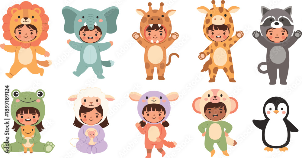 Samolepka Cute Kids in Animal Costumes Vector Set with Lion, Elephant, Giraffe, Frog, Shee