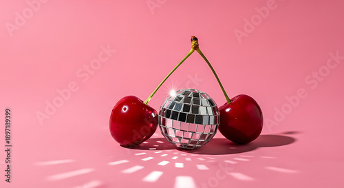 two shiny red cherries frame a disco ball casting light patterns on a pink background ideal for playful retro party themes.