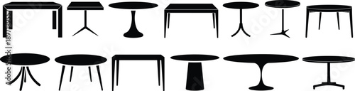 Ensemble of modern furniture silhouettes displaying a range of table with distinct leg configurations and shapes for interior styling