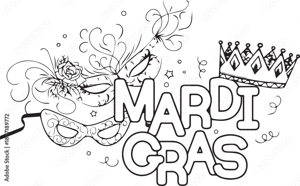 Obraz premium Black and white vector illustration for Mardi Gras with decorative masks, crown, stars, and swirling confetti
