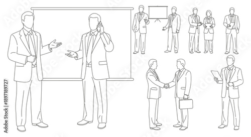 outline illustrations of diverse business people engaged in professional communication scenarios presentations phone calls handshakes.