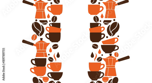 coffee pattern vertical borders featuring moka pots cups beans and drops in orange and brown on white great for cafe branding or menus