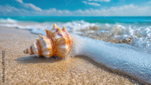 Seashell on sandy beach with waves and blue sky.